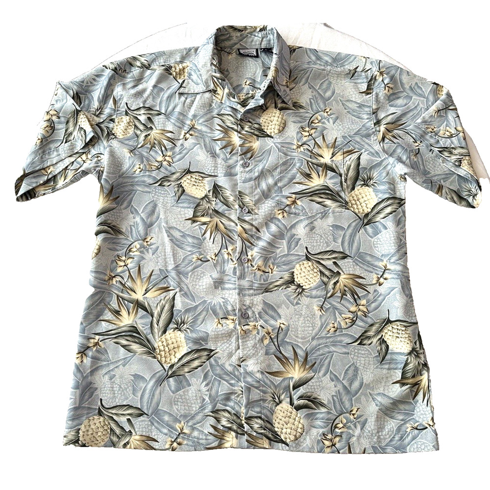 Premier International, Hawaiian Shirt LRG Button Polyester Blue Floral/Pineapple